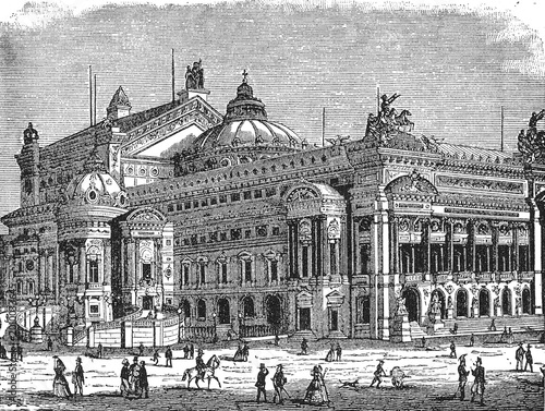 Bild auf Leinwand Paris Opéra (Palais Garnier) Grand Façade with Domes, Columns, Statues, Elegant Figures, and Horse in Foreground, Old Vintage Illustration, 1898