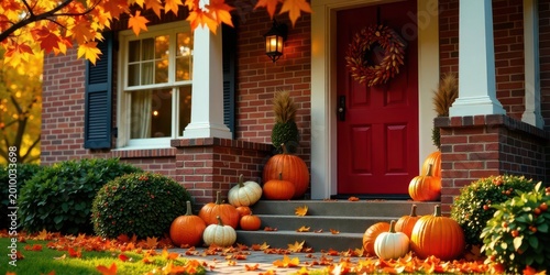 Autumnal Home Entrance with Pumpkins and Fall Foliage