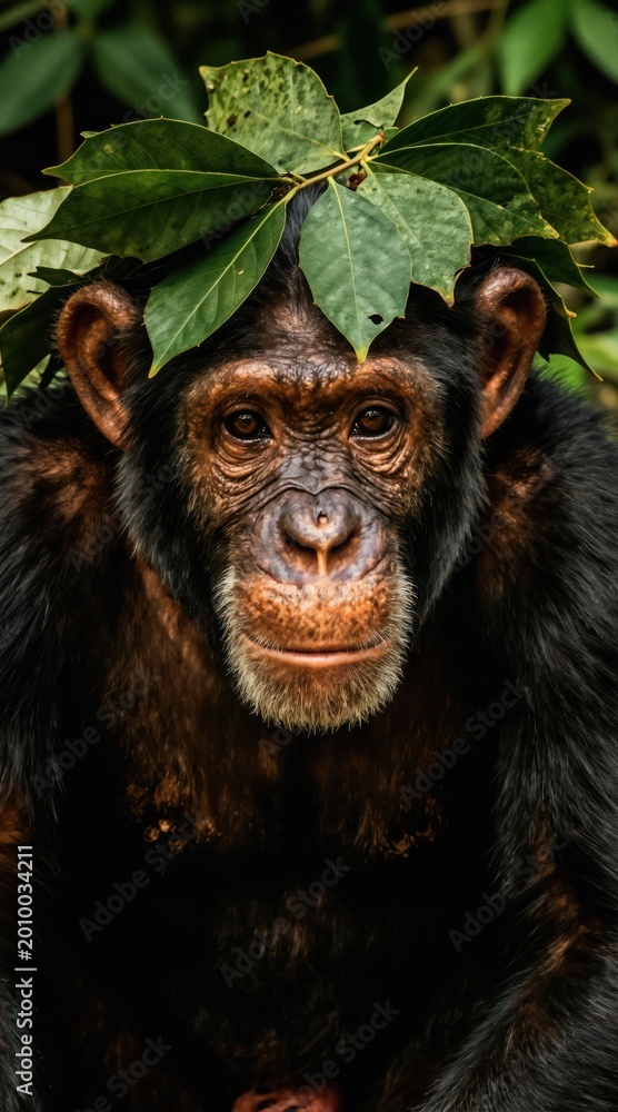 Fototapeta premium Chimpanzee with green leaf crown sits in forest. Close up primate face with intelligent eyes. Wildlife portrait. Jungle backdrop. Animal king. Nature background.