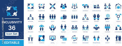 Inclusivity 36 Solid Icon Set. Featuring diversity, unity, equality, community, communication for UI, UX, apps, web, editable scalable assets.