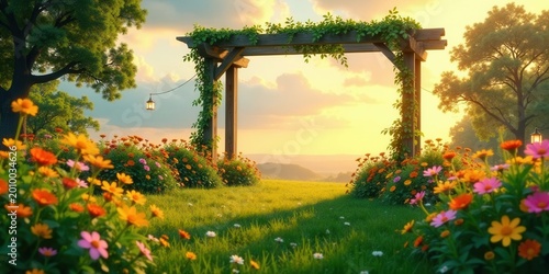 Serene Garden Archway at Sunset Vibrant Blossoms Frame a Tranquil Pathway to a Picturesque Meadow