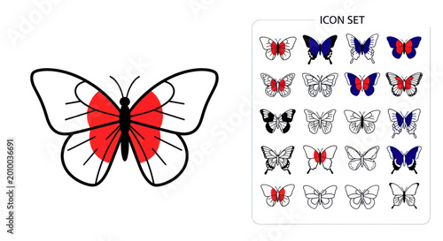 Fotografie Japanese Flag Butterfly Icon Set and Single Graphic