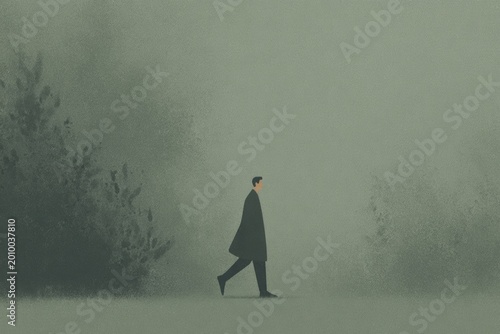 A man in a black coat walking through a foggy field surrounded by trees on either side.