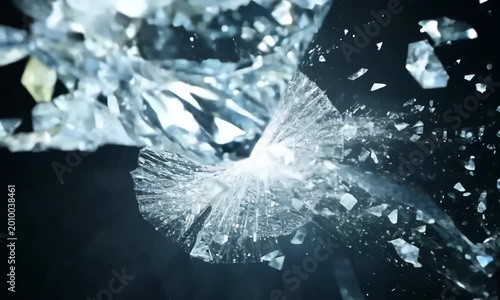 A breathtaking, crystalline ice explosion unfolds, with shards glimmering like diamonds against a rich, velvety black backdrop