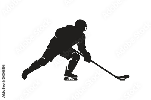 Photography Ice Hockey Player Silhouette Skating with Stick and Puck Vector