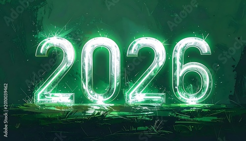 Glowing 2026 New Year Number Illustration With Green Neon Light Effect And Artistic Painterly Background On Dark Textured Ground