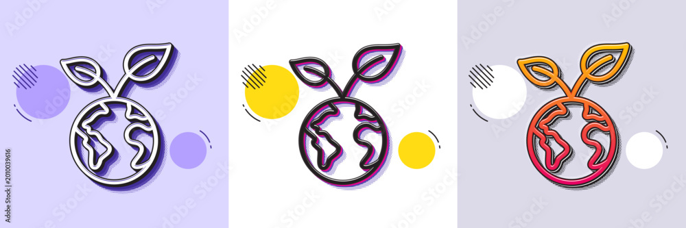 Fototapeta premium Save planet line icon. Halftone dotted pattern. Gradient icon with grain shadow. Green earth sign. Eco environment symbol. Line save planet icon. Various designs. Vector