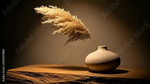 Elegant Still Life with Vase and Pampas Grass on Wooden Surface.