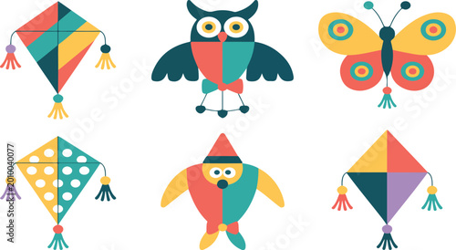 Cuadro en lienzo Kites vector cartoon set isolated on white background, colorful flying toy colle