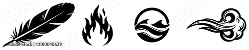 Konstfotografi Four nature elements symbols set, vector icons of fire flame water wave air feat