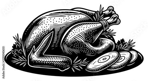 Bild auf Leinwand Roasted turkey on platter illustration, hand drawn vector of thanksgiving dinner