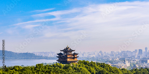 High angle view of the scenery of Chenghuang Temple and the skyline in Hangzhou, Zhejiang Province, China