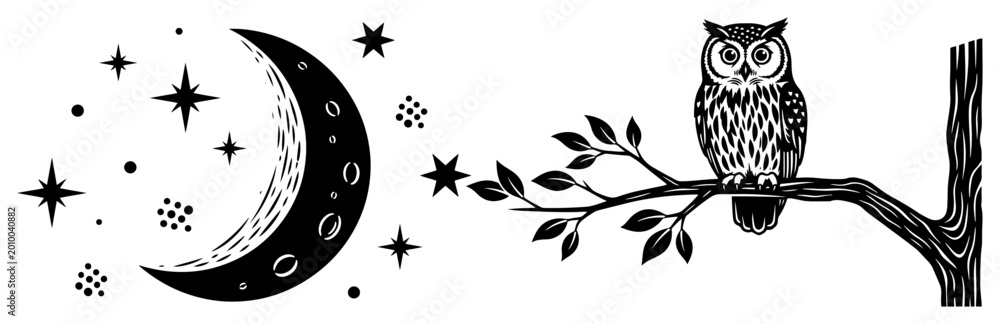 Fototapeta premium Night owl on tree branch with crescent moon and stars, mystical nocturnal forest scene vector illustration in woodcut style