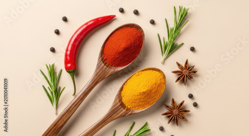Wooden spoons filled with red chili powder and turmeric powder, surrounded by fresh herbs and spices on a light beige background