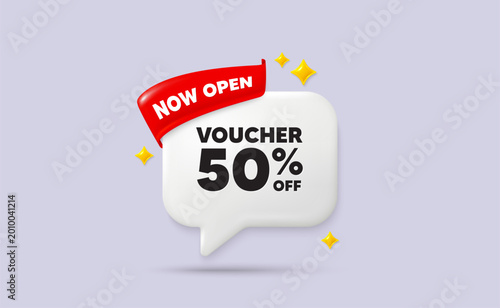 Coupon chat speech bubble. Now open flag ribbon. Voucher 50 percent off sale. Special offer coupon sign. Black friday discount symbol. 3d sparkle stars speech bubble. Vector