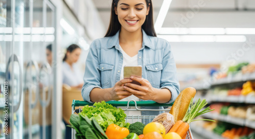 Woman shopping for groceries in supermarket, holding smartphone while pushing cart filled with fresh vegetables and fruits in aisle