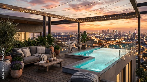 Luxury Rooftop Penthouse Terrace with Infinity Pool and City Skyline Sunset View