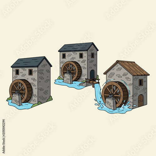 Foto Traditional water mill houses, historical waterwheel building, river energy stru