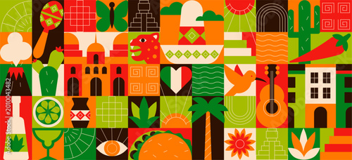 Mexican symbol pattern with mosaic style, Seamless geometric colorful banner with food, architecture