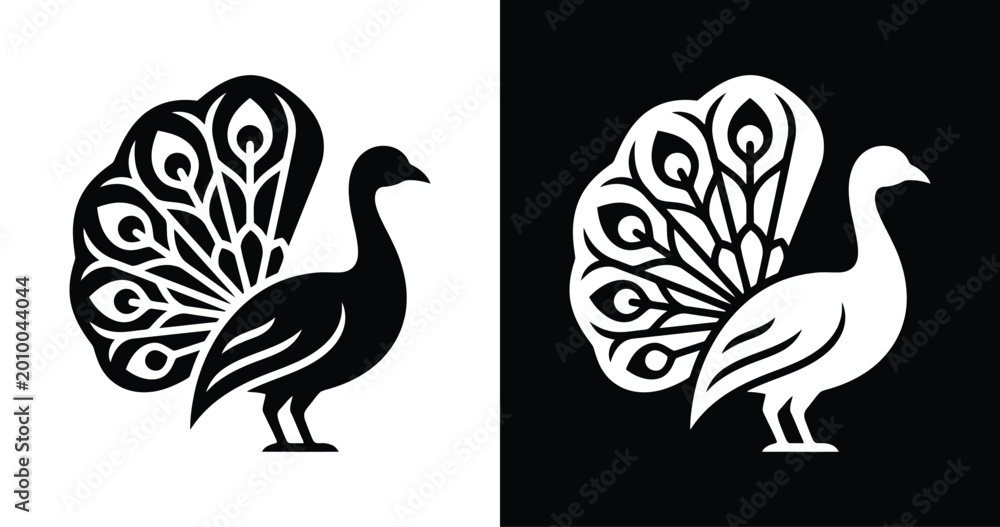 Fototapeta premium Side View Peacock Silhouette with Simplified Tail Fan Shape Black on White Plus White on Black for Decorative Design.