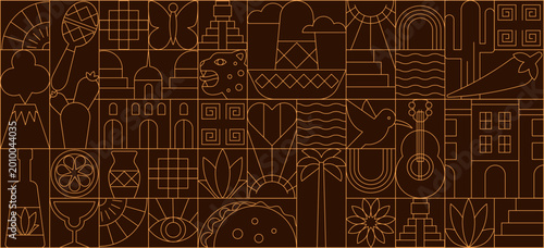 Seamless geometric Mexican symbol pattern in line art, minimal mosaic banner with cultural icons