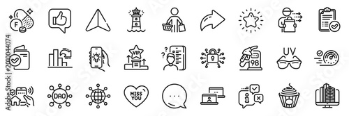 Miss you, Info and Petrol station line icons pack. Share, Message, Paper plane icons. House security, Verification document, Sunglasses web icon. Pasta, Dao, Enterprise pictogram. Vector