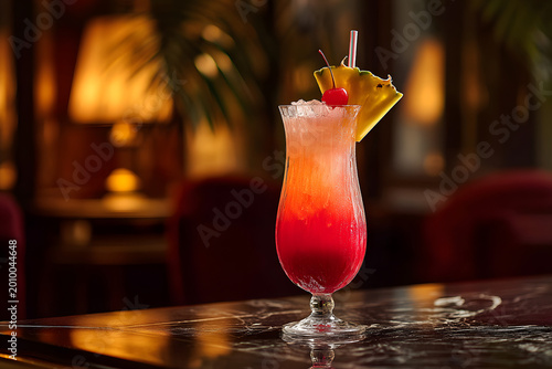 Vibrant Cocktail Served in Tall Hurricane Glass with Colorful Layers and Garnish in Luxurious Setting