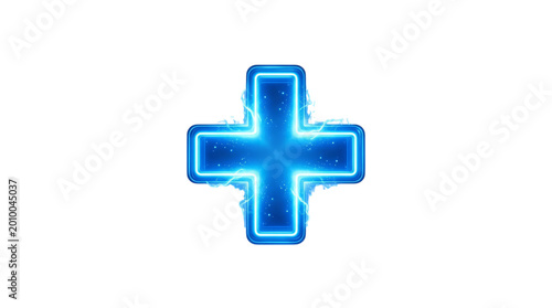 Glowing blue plus sign with neon light effect and sparks