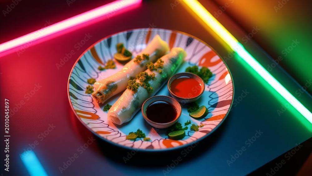 Fototapeta premium Two fresh spring rolls with dipping sauces on a patterned plate