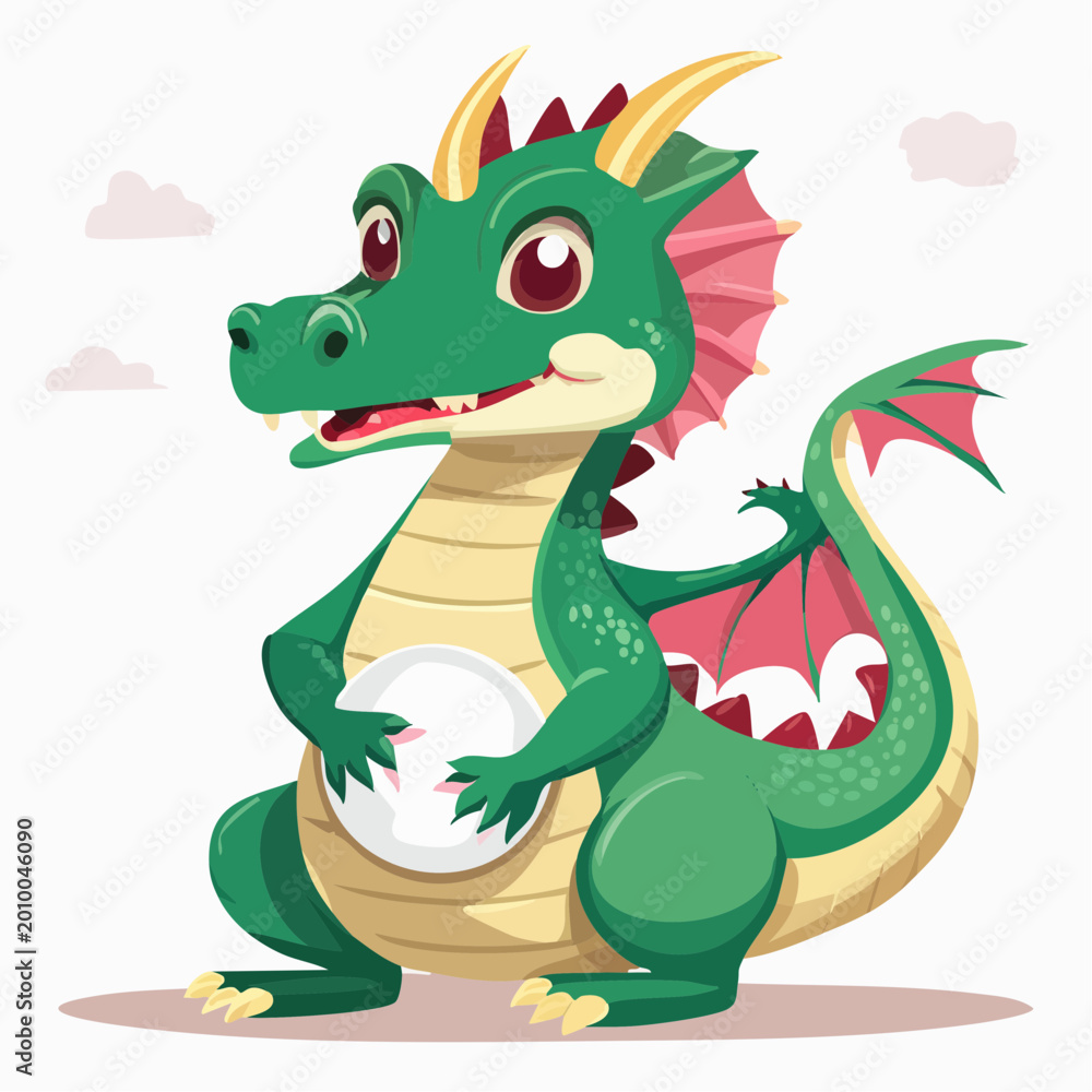Obraz premium Cute Green Dragon Holding a White Orb
