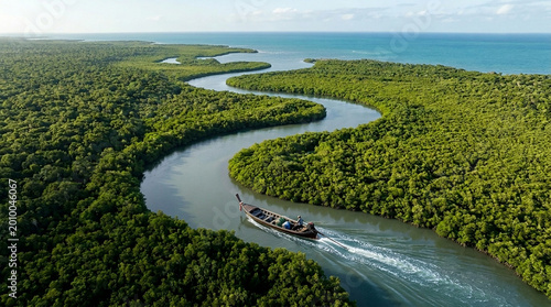 Longtail Boat Cruising Through Winding Mangrove River Aerial View Thailand