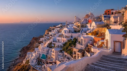 Santorini's white houses and blue domes offer a romantic sunrise and sunset. This Greek island provides a beautiful travel view for honeymoons.