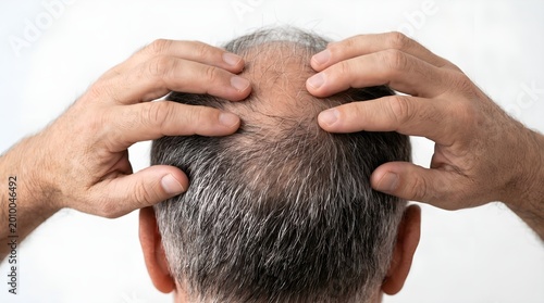 Asian men touching with bald spot on his back head. Medical concept 