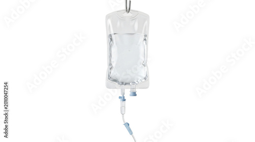 Close-up of an IV bag filled with clear liquid for medical infusion