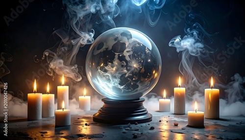Glowing Crystal Ball On A Dark Pedestal Surrounded Burning Candles With Swirling Mystical Smoke And Ethereal Blue Light In A Mysterious Setting