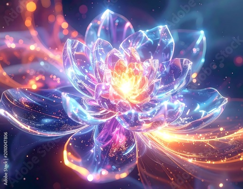 Glowing Crystal Lotus Flower Digital Illustration With Ethereal Blue And Orange Neon Light Effects On A Dark Magical Background With Sparkles