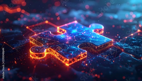 Glowing Digital Jigsaw Puzzle Piece 3d Render With Blue And Orange Neon Lights Representing Technology Connection And Solution Concept On Dark
