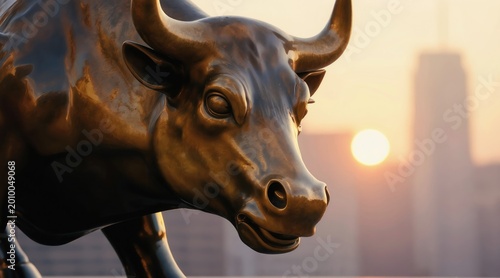 Bronze bull statue symbolizes financial market growth. Bullish trend signifies investor optimism and rising stock prices at Wall Street. Economic progress is evident.