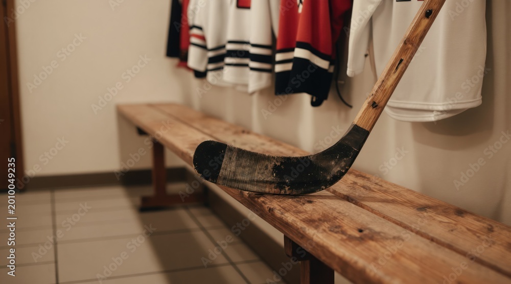 Fototapeta premium Old wooden hockey stick rests on bench in locker room with jerseys hanging above. Preparation for winter sport game in arena. Retro athletic equipment detail.
