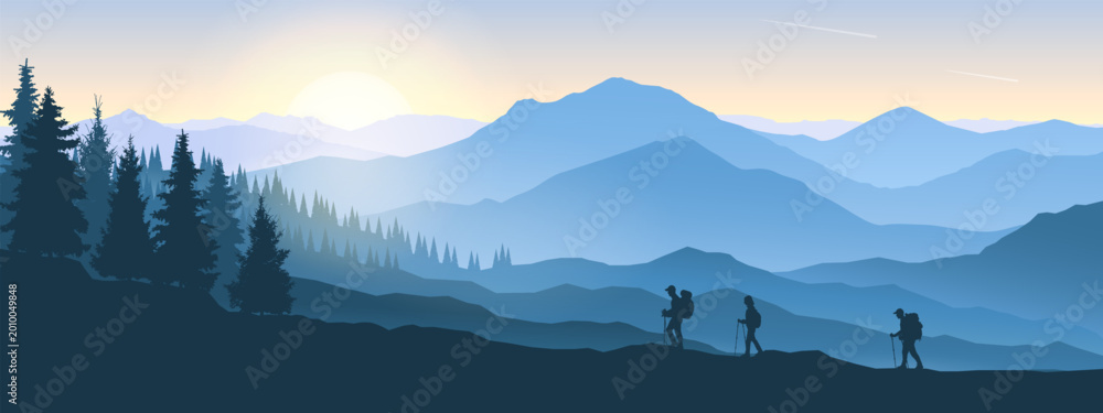 Naklejka premium Misty mountain landscape with forest and silhouettes of hikers with backpacks and trekking poles walking in the mountains at sunrise. Vector illustration.