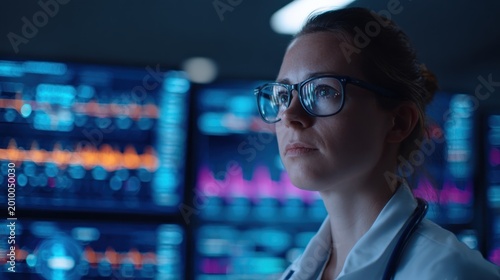 female doctor monitoring patient vital signs on digital hospital screens in dark room advanced healthcare environment for clinical data analysis and modern medical technology