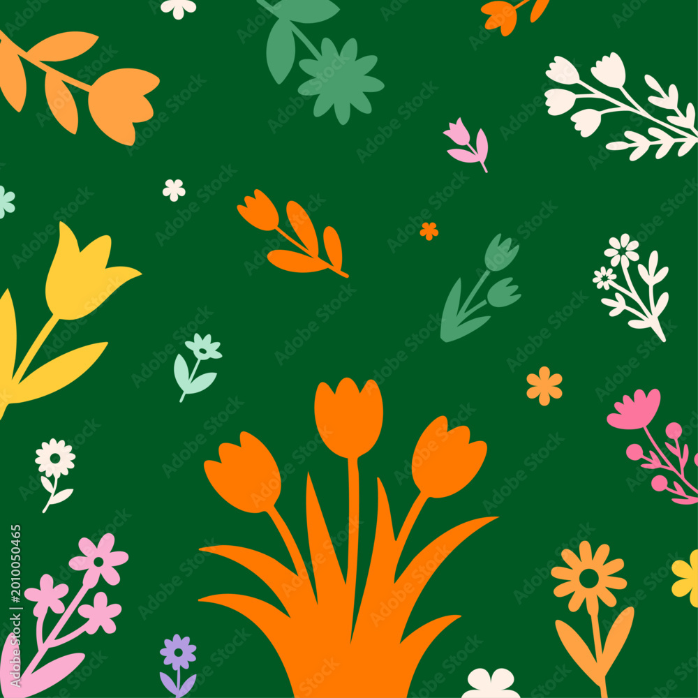 Obraz premium Seamless ditsy floral pattern with colorful flowers on dark green background, Vibrant spring meadow hand-drawn floral vector for nursery wallpaper and fabric, Retro botanical seamless background with 