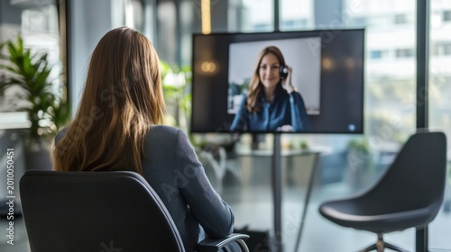 A female executive having a video call in a modern, glass-walled office