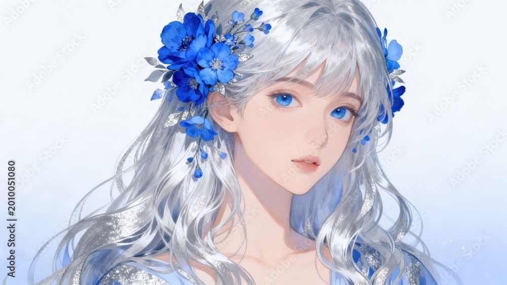 Fototapeta premium Silver haired woman with blue flowers