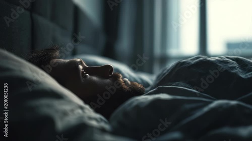 A man with a beard is lying in bed, unable to sleep, surrounded by dim morning light filtering through the window. The atmosphere conveys solitude, introspection, and restless thoughts