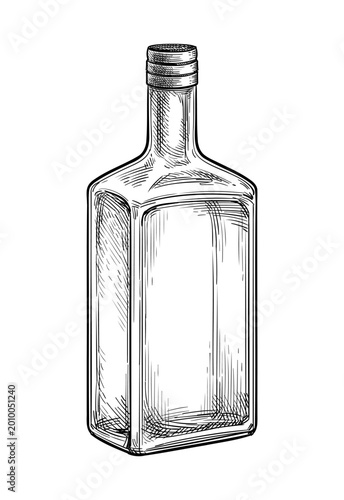 Hand-drawn ink sketch of glass bottle with square base and narrow neck. Engraving style, detailed with cross-hatching for texture. Perfect for cocktail, bar, or beverage design projects