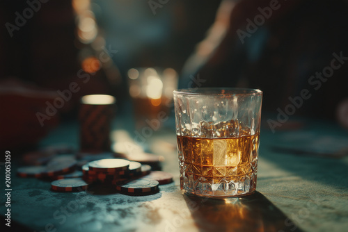 Whiskey glass and casino chips on table symbolizing gambling addiction and alcohol abuse risky lifestyle and destructive habits concept