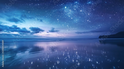 A peaceful beach scene with stars reflecting on the ocean's surface 