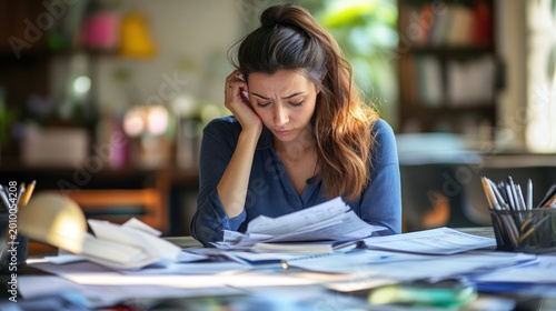 A professional woman reviewing financial reports at her desk