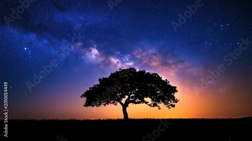 A silhouette of a lone tree under a sky full of bright stars
